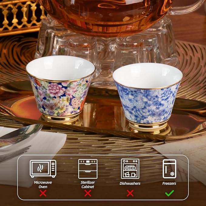 KAMMAK Ceramic Teacups - 65ml/2oz Coffee Cup - Set of 2 Hand-Painted Ceramic Cups - Small Vintage Mate Cup - Cute Mugs for Women - Ideal for Birthday, Afternoon Tea & Housewarming Gifts
