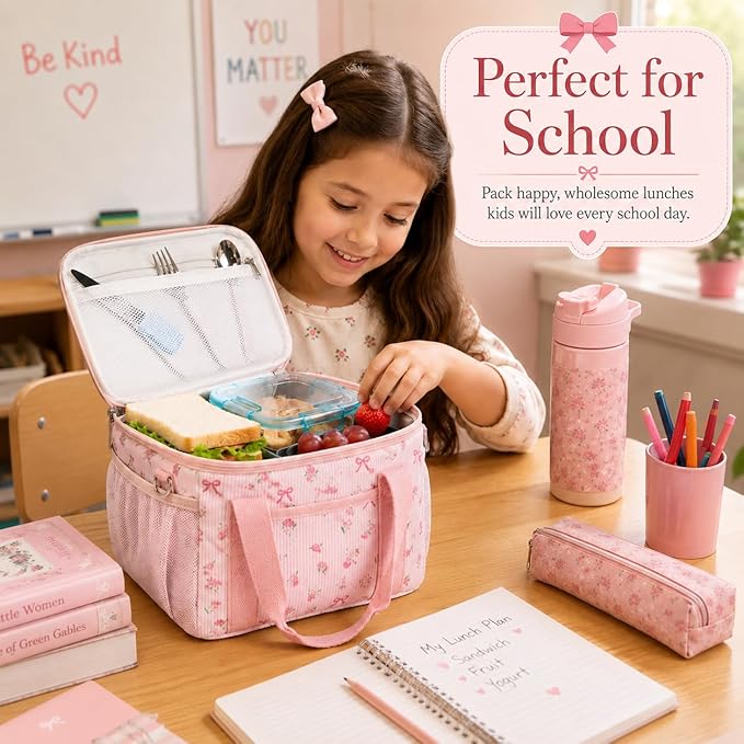 BTOOP Insulated Lunch Box for Women, Cute Corduroy Lunch Bag with Shoulder Strap, Leakproof Wide-Open Lunch Tote for Work, Office, School, Picnic Bow-Floral Pink-1