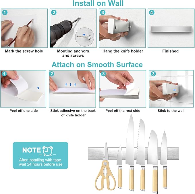 Magnetic Knife Holder for Wall, No Drilling Magnetic Knife Strip Adhesive Knife Holder Magnet Knife Bar, Wall Mount Knife Rack Block Metal Tool Holder for Utensils RV Kitchen Organization, 10 Inch