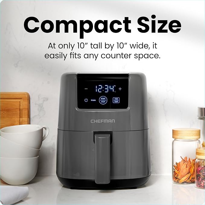 CHEFMAN 2 Qt Mini Air Fryer – Digital Space-Saving Compact Air Fryer with Nonstick and Dishwasher Safe Basket, Quick & Easy Meals in Minutes, Features Digital Timer and Shake Reminder – Grey