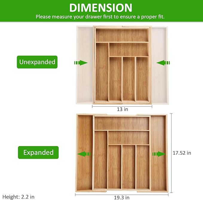 large Expandable Silverware Drawer Organizer - Bamboo Kitchen Organizers and Storage, Adjustable Silverware Organizer, Utensil Drawer Organizer for Kitchen Organization (6-8 Slots)