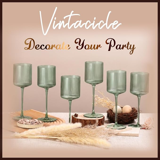 Sage Green Square Wine Glasses Set of 6, Elegant Ribbed Design Green Crystal Glassware with Long Stem, 11.5oz Hand Blown Red & White Wine Stemware For Home Dinner Party Wedding Housewarming Gift