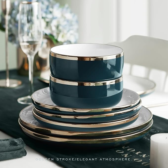 Pokini Porcelain Dinnerware Sets, 12 Piece Luxury China Plates and Bowls Sets, Green Dishes Set Gold Rim for Wedding Anniversary Birthday, Modern Dinner Plates Set