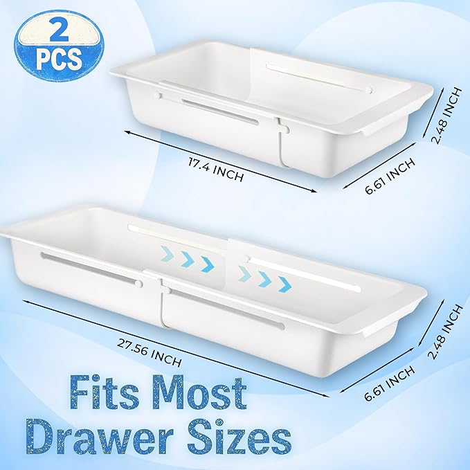 2-Pack Expandable Drawer Organizer for Deep Drawers, Adjustable Storage Tray (17–27 in), Durable PP Smooth Glide Divider for Kitchen, Vanity & Office, Space-Saving Design