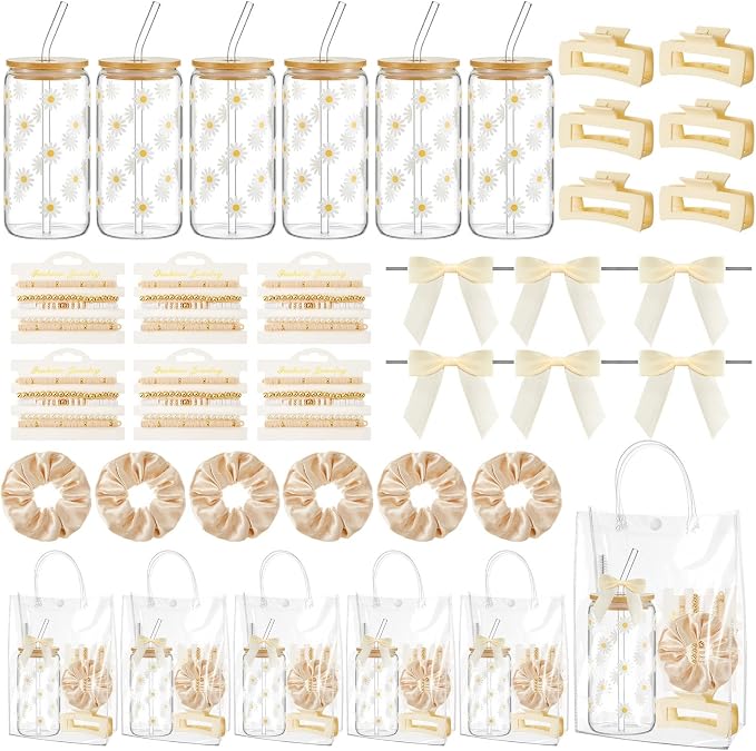 Suncalla 36 Pcs 6 Set Beige Birthday Gifts for Women, Sleepover Spa Party Girls Trip Bachelorette Party Favors for 6 People, Daisy Glass Cup Bracelets Hair Bands Hair Clip Tote Bags Bows
