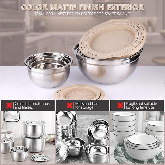 Leidawn Mixing Bowls with Lids set - 25 PCS Stainless Steel Nesting Khaki Mixing Bowls Set for Baking,Mixing,Serving & Prepping,Size 5, 3.7, 2.8, 2.3, 1.7, 1.1, 0.7QT, 11 Cooking