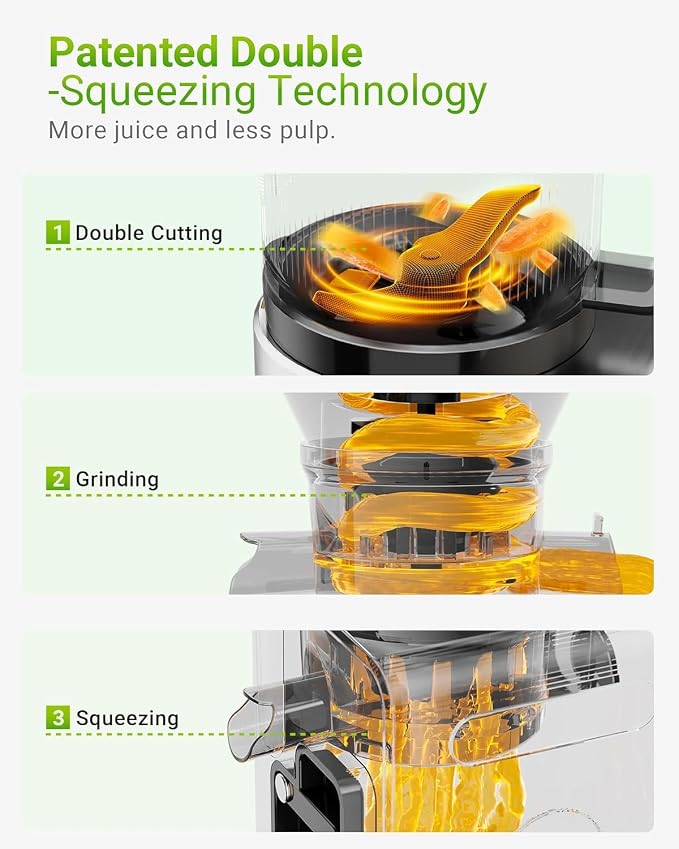 Cold Press Juicer Machine, 6.5" Large Feed Chute Masticating Extractor, Easy to Clean for Whole Fruits & Vegetables, High Yield, White