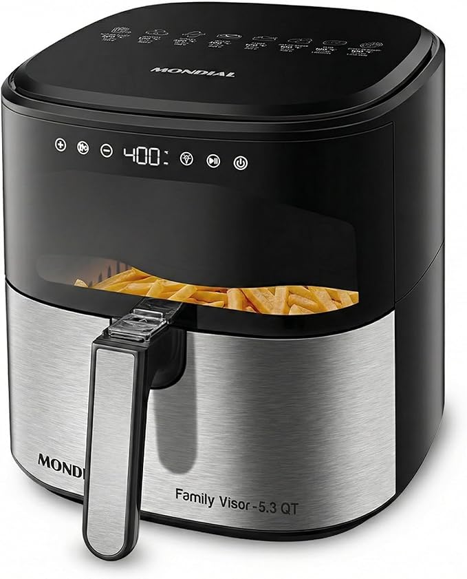 Mondial - Air Fryer Digital Visor Inox 5.3QT Capacity - High Power & Elegant Stainless Steel Finish - Black & Inox