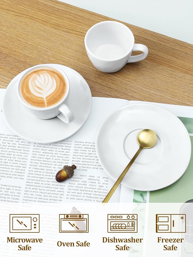 4 oz Espresso Cups with Saucers and Metal Stand, Spoons, Porcelain Stackable Coffee Cups, Demitasse Cups, Perfect for Single or Double Espresso, Cappuccino, Latte and Tea - Set of 6, White