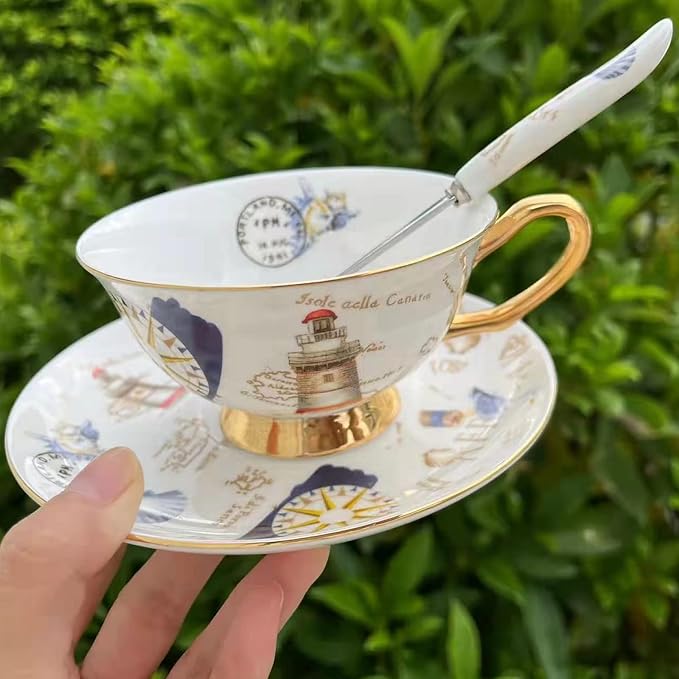Honorable Coffee Cup Mug, Cappuccino, Tea Cup, with Saucer for Latte, Fine Bone Porcelain, Reactive Glaze, 6.8 Oz-1pcs (The Navigation Age)