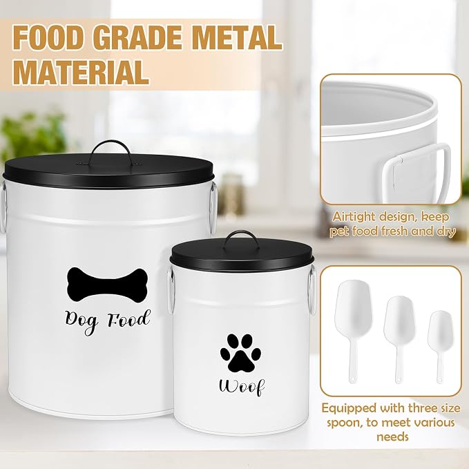 DoubleFill Extra Large 23+10 lb Metal Dog Food Storage Containers Set of 2 Airtight Dog Treat Snack Jars with Lids and Spoon Farm House Style Big Pet Cookie Jar for Kitchen Counter Gift