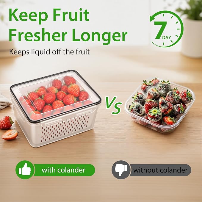 8 PCS Fruit Storage Containers for Fridge, Leakproof Produce Containers for Fridge with Removable Colander, Microwave/Dishwasher Safe Fruit Washing Bowl Keep Fruits, Vegetables, Berry Fresh longer