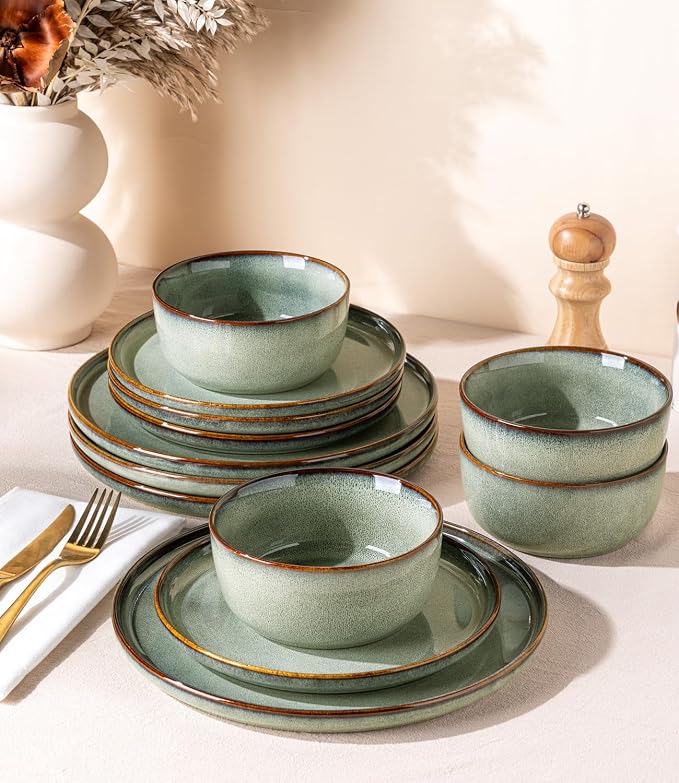 GBHOME Dinnerware Sets for 6, 18 Pieces Stoneware Plates and Bowls Sets, Scratch Resistant Dishes, Dishwasher & Microwave Safe, Reactive Glaze