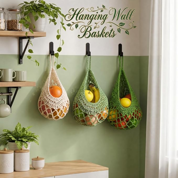 Honeydak Boho Decor Hanging Wall Baskets for Kitchen 3 Pack Teardrop Baskets with Hooks Storage Fruit Onion Vegetable Potato for Home 3 Sizes(Spring Color,Crochet,Cotton Rope)