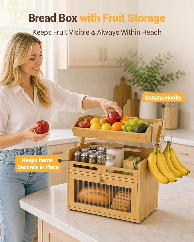 Bread Box for Kitchen Countertop, Bamboo Bread Storage Container with Fruit Basket, Clear Door & Magnetic Closure, Raised-Rail Shelves & 2 Banana Hooks, Farmhouse Pantry Organizer