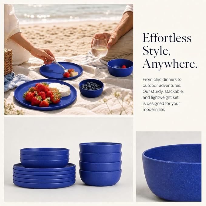 Webbylee 12 Piece Melamine Dinnerware Set for 4 - Shatterproof Matte Blue Round Plates & Bowls, Lightweight Unbreakable Tableware for Camping, RV, Patio & Indoor Outdoor Use, Dishwasher Safe