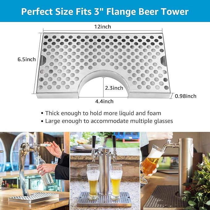 Kegerator Beer Drip Tray Stainless Steel Keg Drip Tray with Non-Slip Silicone Pads 4.4” Cutout Kegerator Surface Mount Beer Tower Drip Tray for Home Bar Mini Fridge without Drain