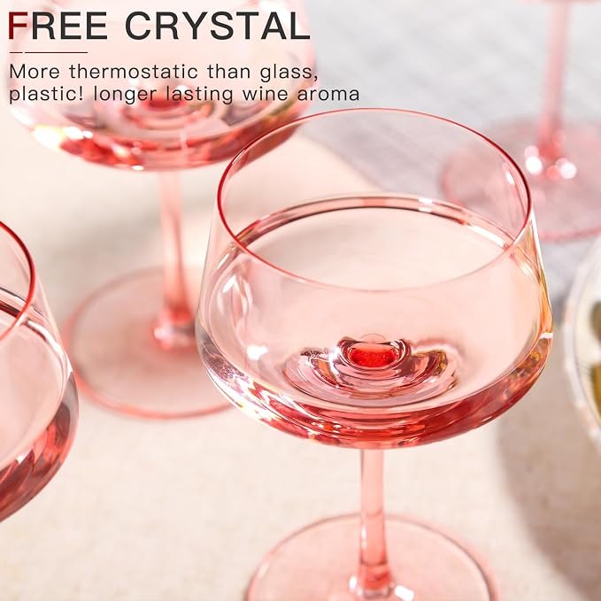 comfit Pink Coupe Glasses Set of 6-13 oz Large Capacity Martini Glassware - Versatile Tall Cocktail Glasses- Hand-Blown Colored Champagne Coupe Glass-Art Deco Cocktail Glasses Set-Wedding Gifts