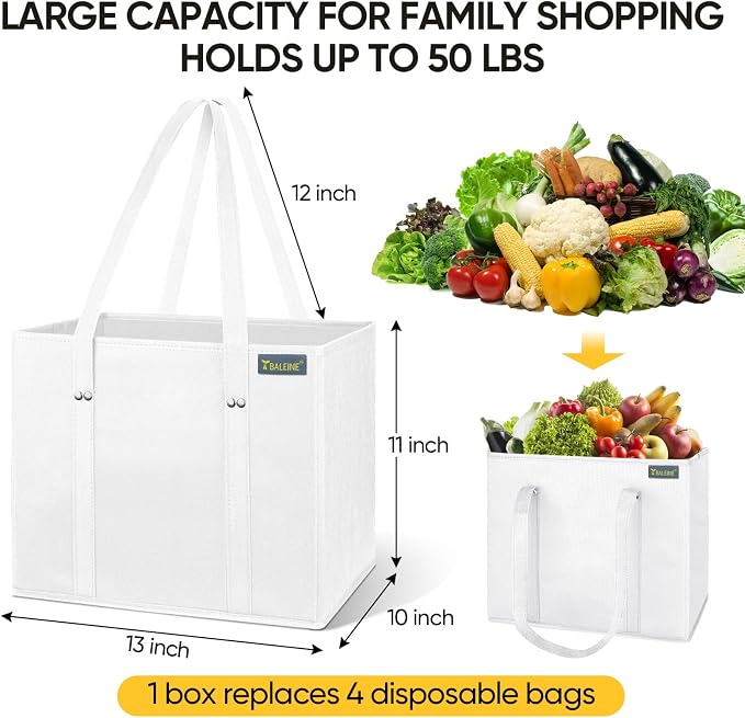 BALEINE 1Pk Reusable Grocery Bags, Foldable Shopping Bags for Groceries with Reinforced Bottom & Handles (White)