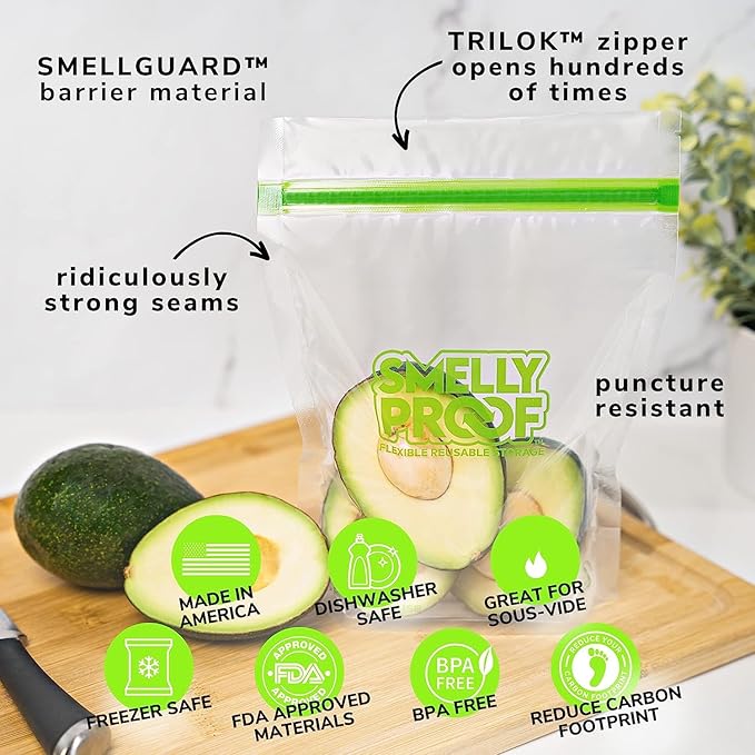 Smelly Proof 15 x Expandable Stand & Fill REUSABLE Storage Bags for Food Designed & Mfg in US, BPA FREE, NO PEVA, Reusable Sandwich Bags, Dishwasher-Safe, Clear 3 mils STAND UP 6.5" x 7.5" - 15pk