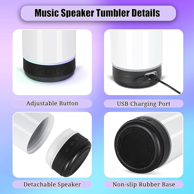 8 Pack 20Oz Music Speaker Tumbler, Sublimation Tumbler Blanks Skinny Straight, Double Wall Insulated Music Coffee Mug with Detachable LED Light, Speaker Cup（Black）