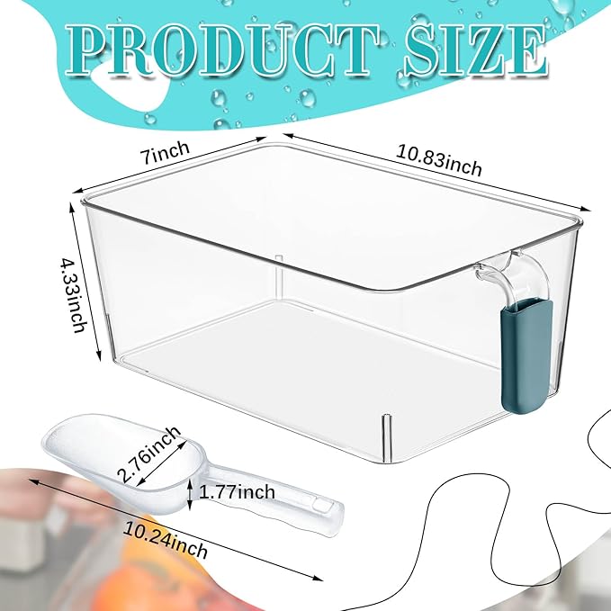 Havawish Ice Bin and Flexible Scoop Set Plastic Freezer Ice Bin with Pull out Handle Storage Bucket Clear for Container with Bucket Scoop (Dark Blue, Clear,10.83 x 7 x 4.33 in)
