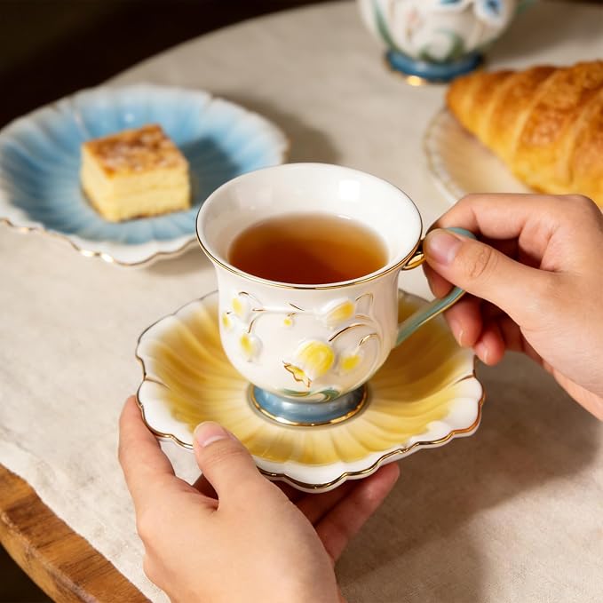KAMMAK Tea Cups and Saucers Set of 2, Porcelain Coffee Cups, Stackable Espresso Mugs, Ceramic Demitasse for Coffee, Latte, Americano, Tea, Relief - Yellow + Blue