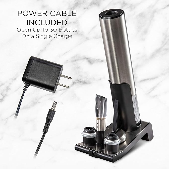 Ivation 6-in-1 Wine Gift Set – Includes Stainless Steel Electric Opener, Vacuum Preserver, 2 Cork Stoppers, Foil Cutter & Charging Base