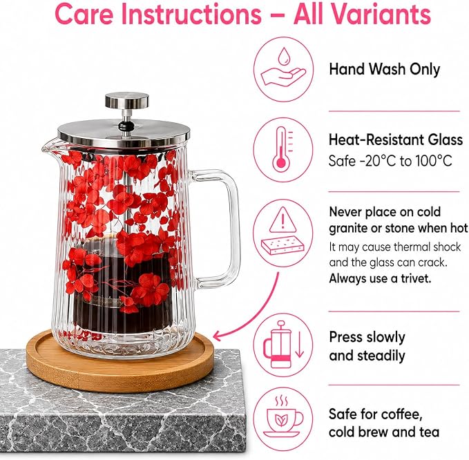 French Press Coffee Maker 22oz – Red Floral Glass Design – Double-Wall Borosilicate Ribbed Coffee Press with Stainless Steel Filter – Manual Brewer & Tea Press