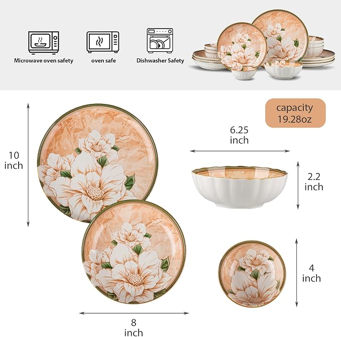 16-Piece Dinnerware Set for 4, Ceramic Plates and Bowls Sets, Microwave & Dishwasher Safe Dish Sets for Daily Use & Gifting, with Vintage Camellia Floral Pattern