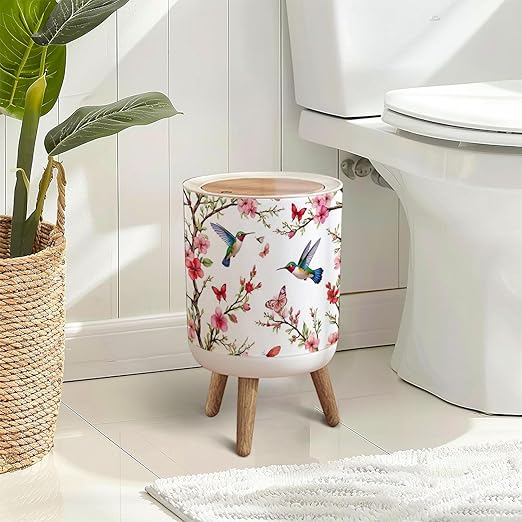 Trash Can with Lid Seamless Floral Hand Drawn Hummingbirds Tropical Japanese Press Top Round Small Garbage Bin with Wooden Legs Waste Basket for Kitchen Bedroom Nursery 7L/1.8 Gallon