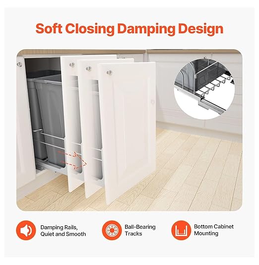 Double Pull Out Trash Can, 50QTx2 Kitchen Waste Container with Soft Close - Grey - Under Cabinet Sliding Bin for Kitchen, Home, Office