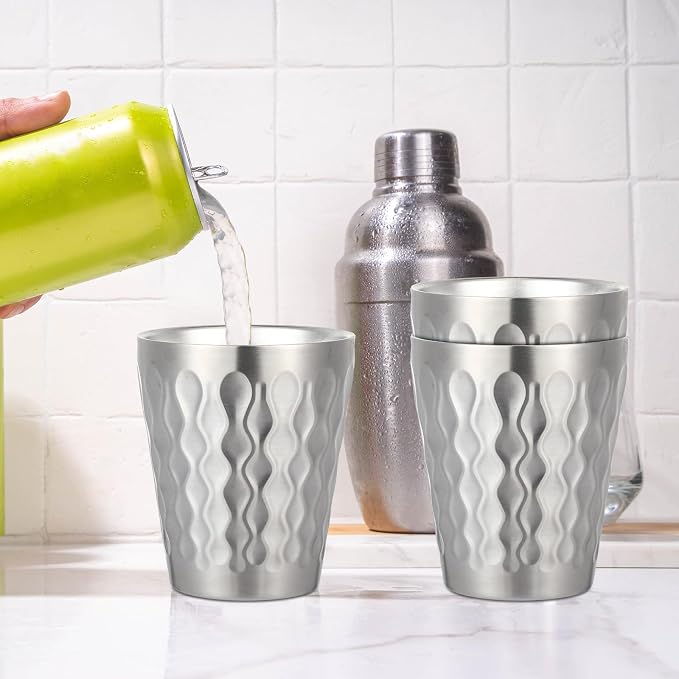 Mimorou 8 Pack 8.8oz Stainless Steel Cups Pint Cup Metal Double Layer Insulated Drinking Beer Water Tumbler Camping Reusable Stackable for Office Party Hot Cold Drink(Wave Pattern)