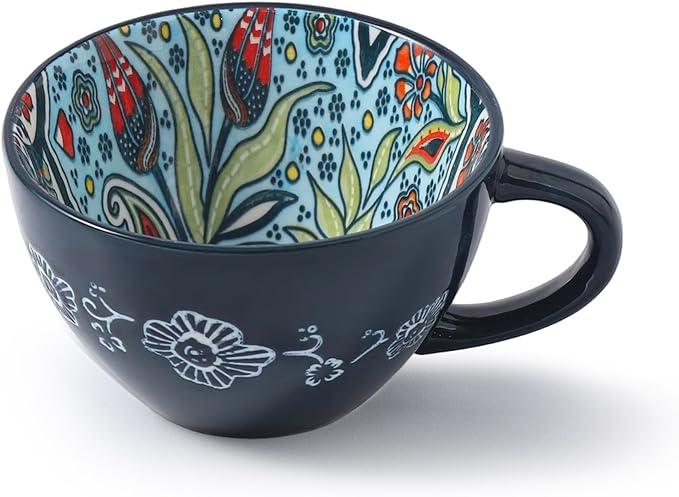 Large Coffee Mug, 15 oz Boho Coffee Mug Ceramic with Handle, Porcelain Tea Cup, Coffee Cup for Cappuccino and Latte, Microwave & Dishwasher Safe, Ideal Gift for Family/Friend (Light Blue)