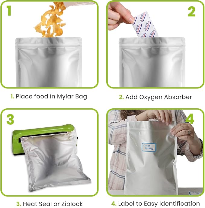 10pcs 5 Gallon Mylar Bags for Food Storage - 10 Mil Thick - Extra large bags 5 Gallon with Oxygen Absorbers 2500cc - Zipper Resealable Milar Bags - Bolsas Mylar 5 Galones