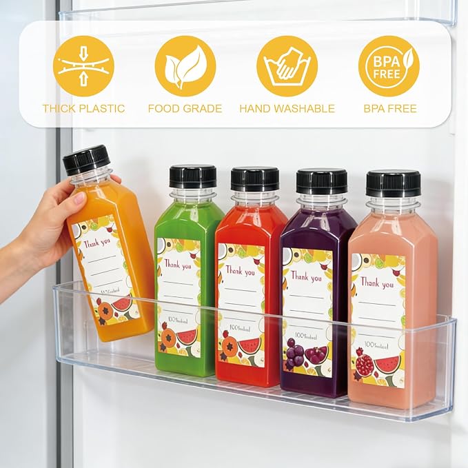 48 Pack 12oz Clear Reusable Plastic Juice Bottles with Caps, Food Grade BPA-Free Leak Proof Juicing Containers with 48 Labels & brush& Silicone Funnels for Homemade Juice, Smoothies & Travel