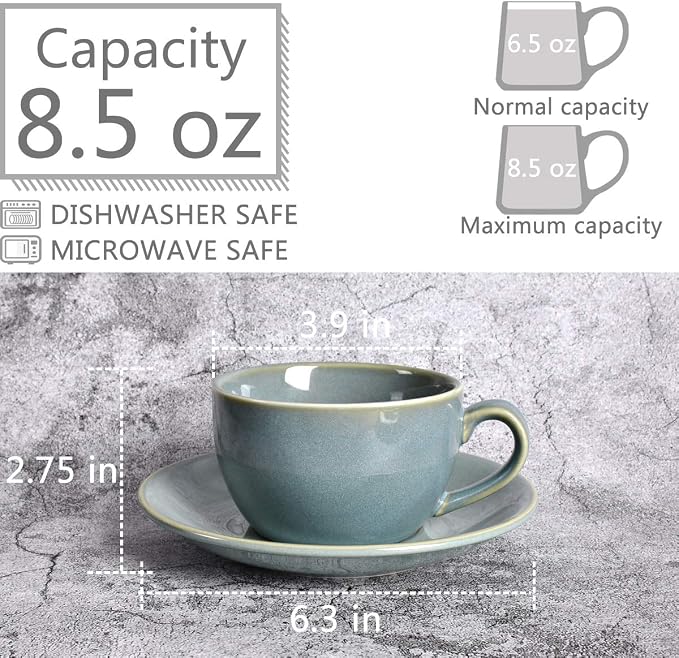 Bosmarlin Ceramic Coffee Cup Mug with Saucer Set of 2 for Latte, Cappuccino, Tea, 8.5 Oz, Dishwasher and Microwave Safe(Sage Green, 2)