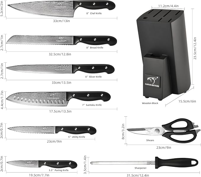 NANFANG BROTHERS 9-Piece Damascus Kitchen Knife Set, 67-Layer VG10 Japanese Steel, Professional Chef Knives with Compact Wooden Block, Triple-Riveted Ergonomic Handles (Hand-Wash Only)