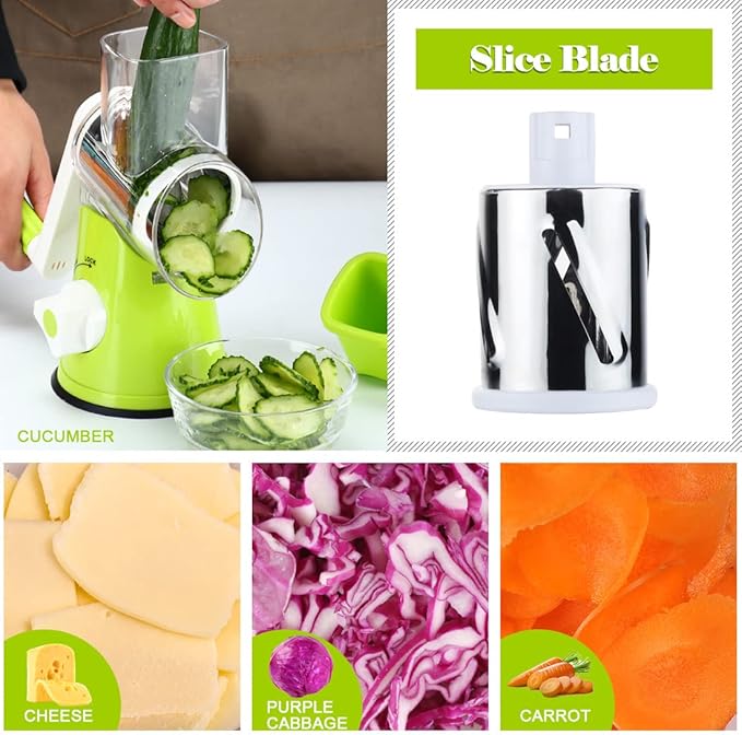 Ourokhome Rotary Cheese Grater Hand Crank, Kitchen Shredder Speed Mandolin Slicer Nuts Grinder with Handle,Vegetable Chopper Onion Cutter with Container, Multifunctional Food Chopper Veggie Dicer with