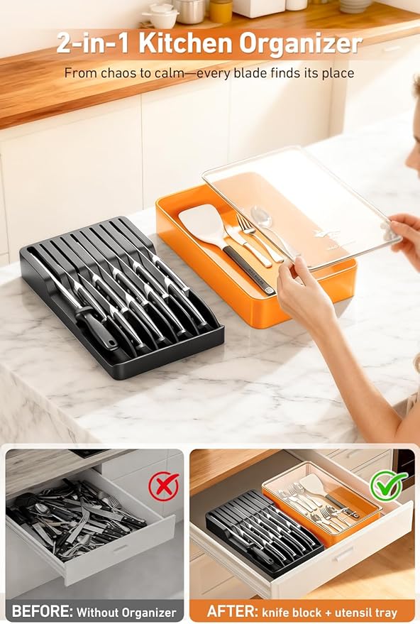 MAD SHARK 2-in-1 Detachable Knife Block & Silverware Organizer, Drawer Knife Holder for 10 Knives, BPA-Free, Blade-Safe Slots, Save Counter Space, Kitchen Drawer or Counter Storage, No Knives