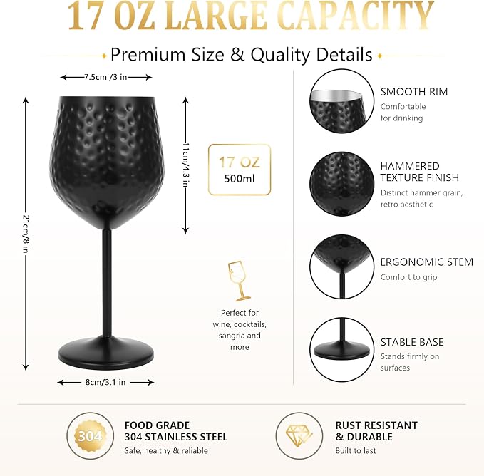 UNISWEET Stainless Steel Wine Glasses Set of 4 Unbreakable (Matte Black) | 17 oz Large-capacity Hammered Goblets, Lightweight & Reusable, Good for Outdoor, Camping, Pool Travel, Gift for Wine Lovers