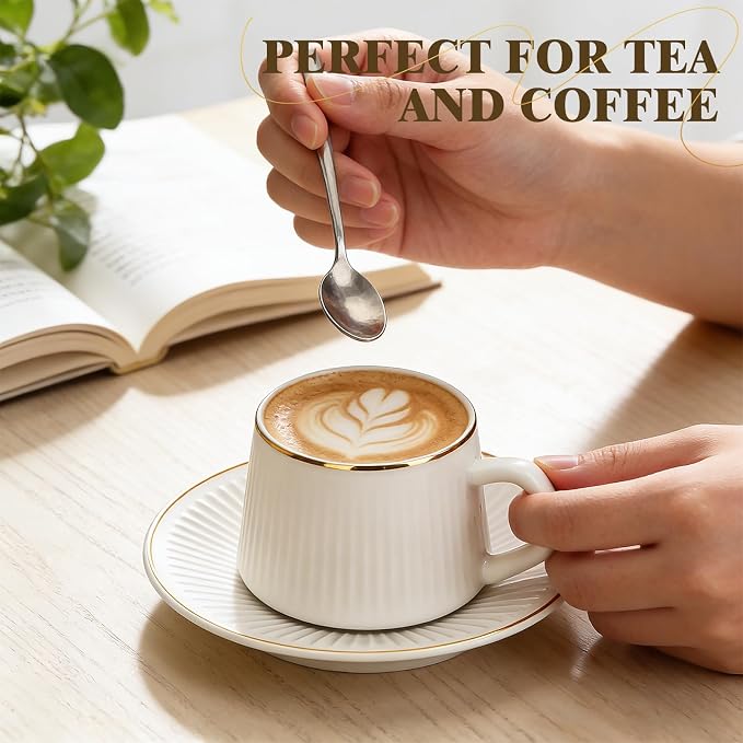 Espresso Cups Set of 6 with Saucers, 3.5oz Ceramic Demitasse Coffee Cups with Handles, White Porcelain Espresso Mug Set with Gold Trim, Microwave & Dishwasher Safe