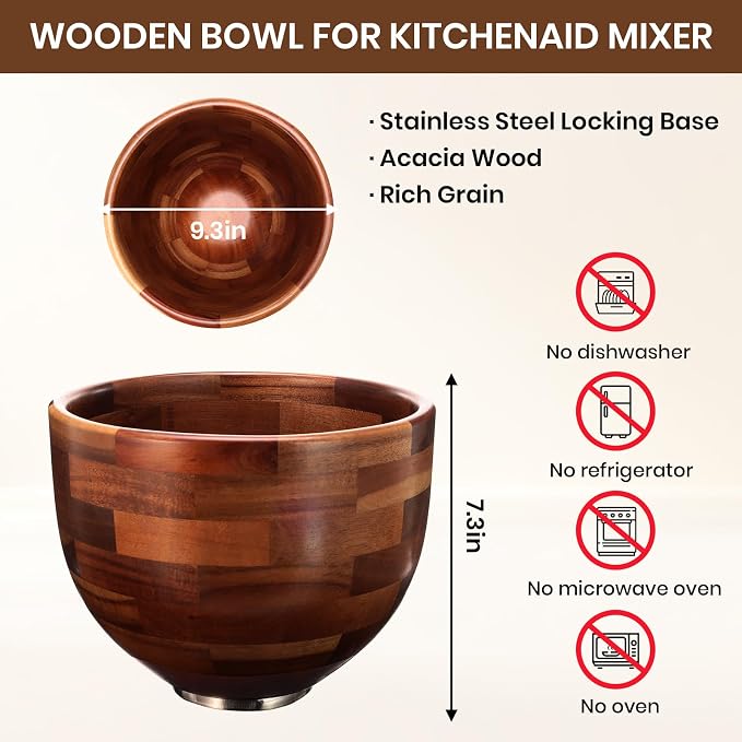 Wood Mixing Bowl for KitchenAid, 5QT Natural Acacia Wooden Bowl Compatible with KitchenAid 4.5&5 QT Tilt-Head Stand Mixer, with Stainless Steel Locking Base, for Baking & Mixing