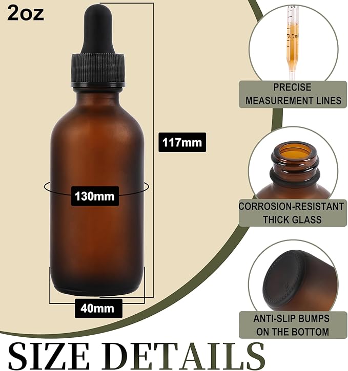 NOOEEISS 24 Pack, 2oz Glass Dropper Bottle, Preety Texture Tincture Bottles with Precise Scales Eye Droppe, for All Kinds Of Mixed Liquids,Leak-Proof Design for Easy Travel (Amber Frosted)