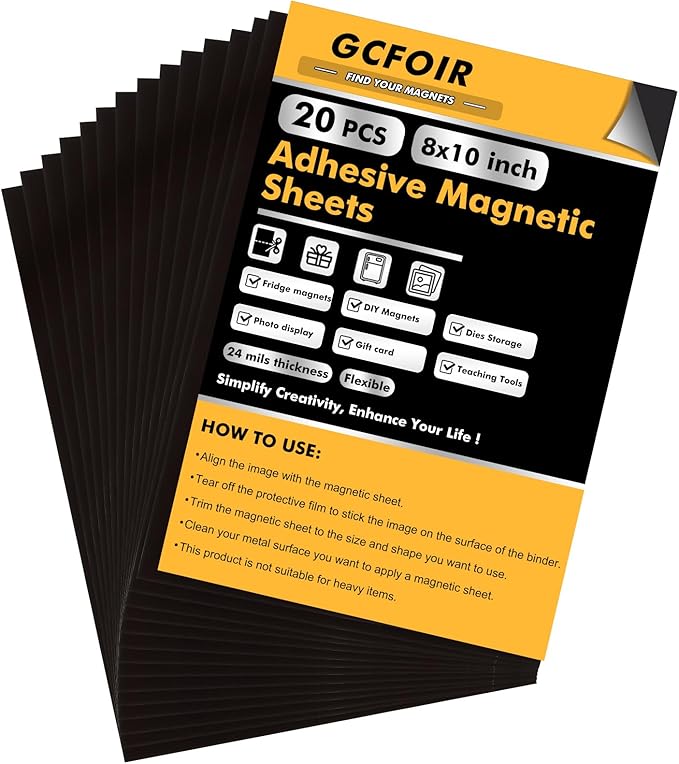 Magnetic Sheets with Adhesive Backing 8 x 10 Inch, 20 Packs Flexible Magnetic Adhesive Sheets, Magnetic Contact Paper, Adhesive Magnetic Sheets for Dies Storage, Photos, School, Home, Office