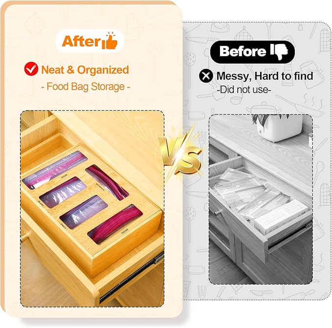 Bag Storage Organizer Compatible with Ziploc Gallon, Quart, Sandwich & Snack Sized Slider Bags,Bamboo Organizer For Drawer(13.7"L*11.8H"*3.1W")
