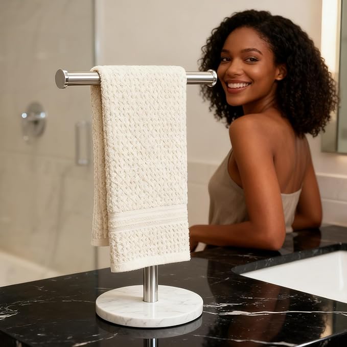 Hand Towel Holder, NEWRAIN Countertop Hand Towel Holder Stand, Stainless Steel Free Standing Hand Towel Rack with Heavy Base, for Bathroom Kitchen & Counter top, Brushed Nickel