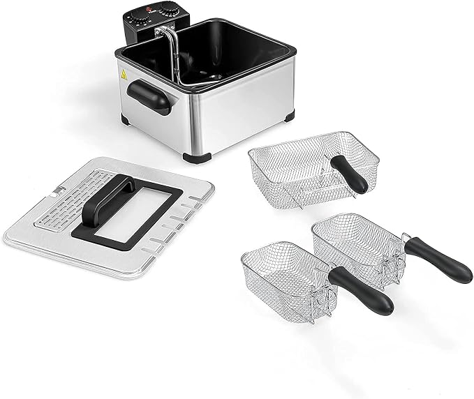Deep Fryers with 3 Baskets - Simoe 5.3QT/21 Cup Electric Large Fryer Countertop, 1700W Stainless Steel Deep Oil Fryer with Lid, Adjustable Temperature & Timer & View Window, Professional Grade