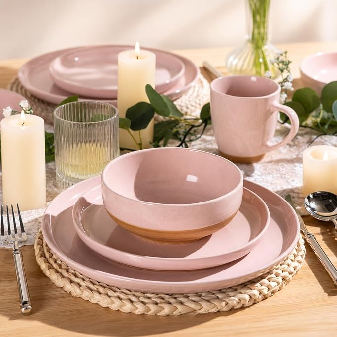 GBHOME 24-Piece Ceramic Dinnerware Set for 6, Handpainted Plates, Pasta Bowls & Bowls Set with Rustic Terracotta Underside, Scratch-Resistant, Dishwasher & Microwave Safe,Speckled Glaze Pink