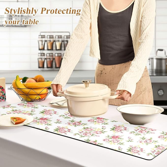 Flower Trivet Table Runner 40 Inches Long Pink Rose Flower Floral Heat Resistant Hot Pad Multi Purpose Mat for for Hot Pots Pans Kitchen Countertops